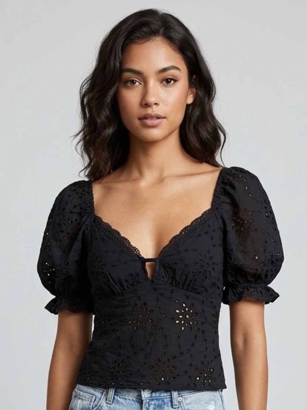 Olivaceous Black Eyelet Puff Sleeve Blouse Sweetheart Neck Milkmaid Top Small